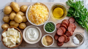 Flat lay of ingredients for cheesy ranch potatoes and smoked sausage, including baby potatoes, sliced smoked sausage, shredded cheddar cheese, sour cream, olive oil, butter, ranch seasoning, garlic powder, black pepper, salt, and fresh parsley on a wooden board.