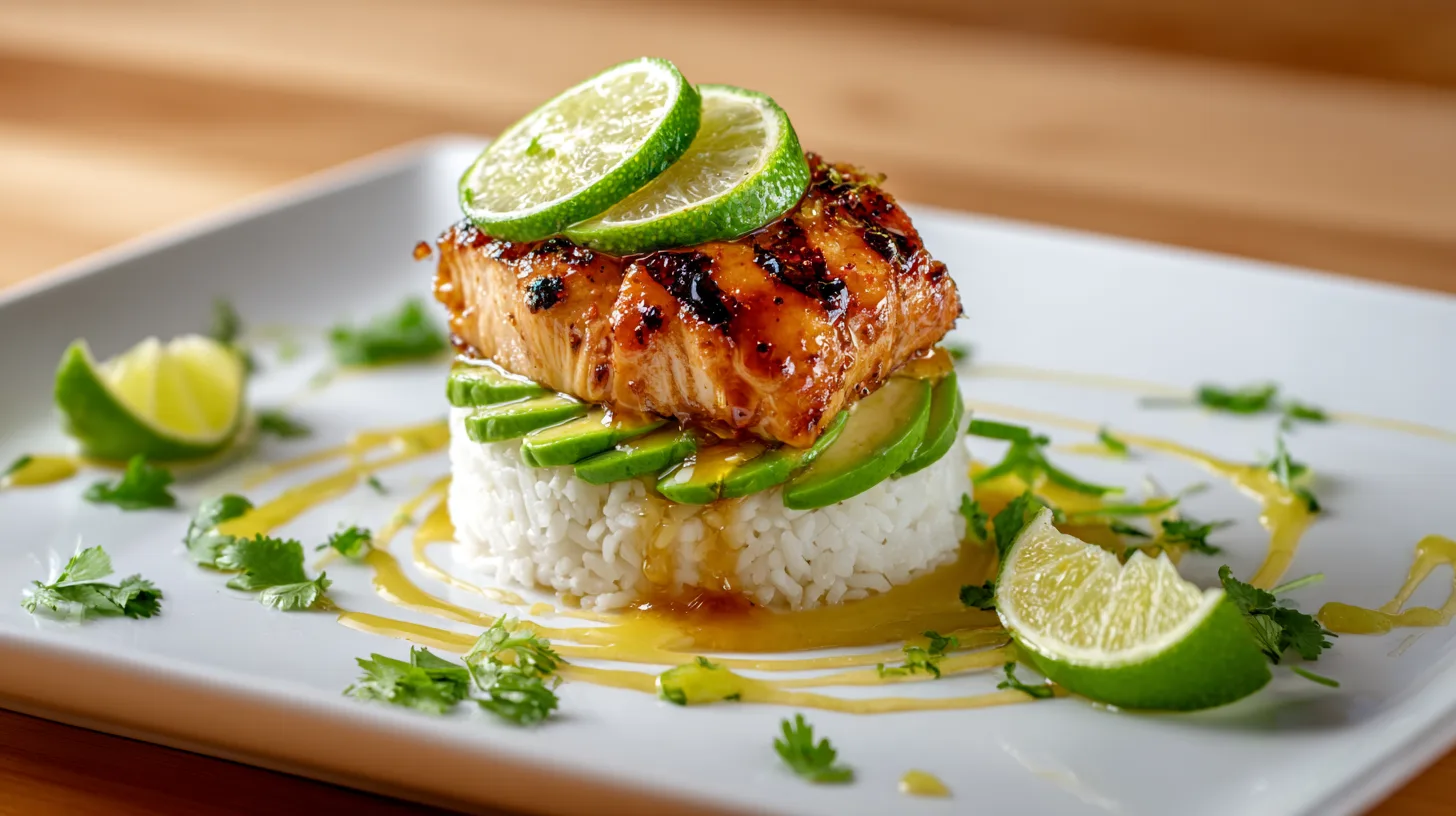 Plated Honey Lime Chicken & Avocado Rice Stack with cilantro garnish and lime sauce drizzle