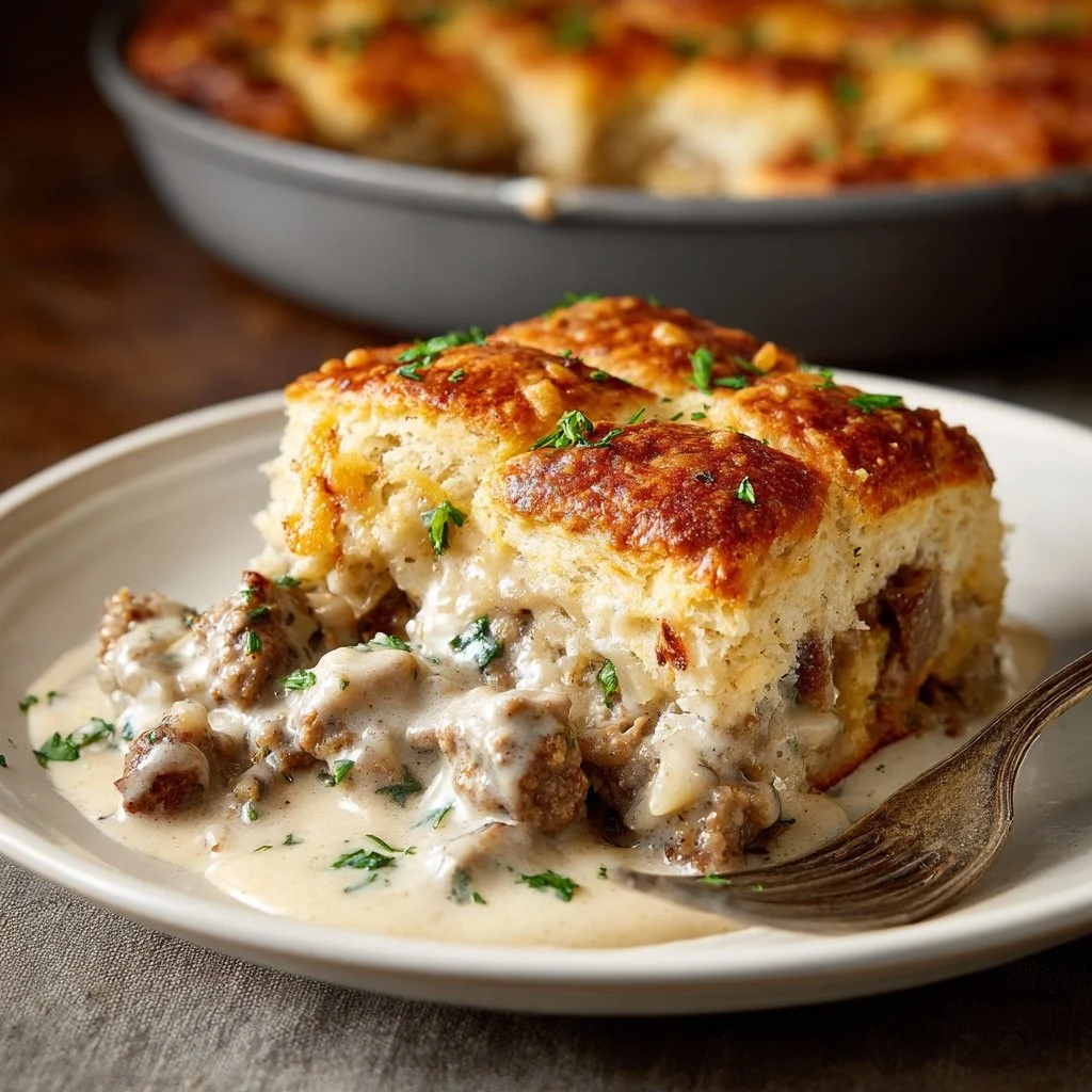 Delicious Biscuits and Gravy Casserole ready to serve, inspired by Cracker Barrel.