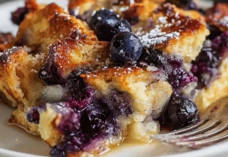 Delicious blueberry lemon French toast casserole baked overnight for a perfect breakfast.