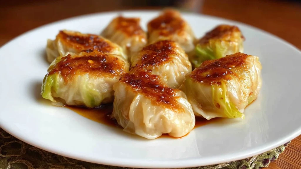 Homemade cabbage dumplings served with sauce on a plate