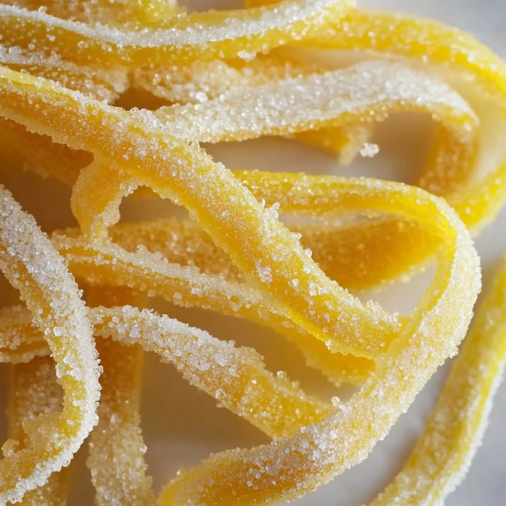 Delicious homemade candied lemon peel displayed on a wooden board.