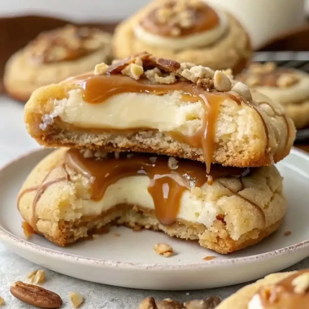 Delicious caramel cheesecake cookies topped with creamy caramel drizzle