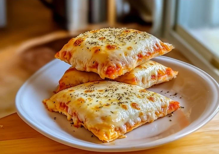 Cheesy pizza pockets freshly baked and ready to eat