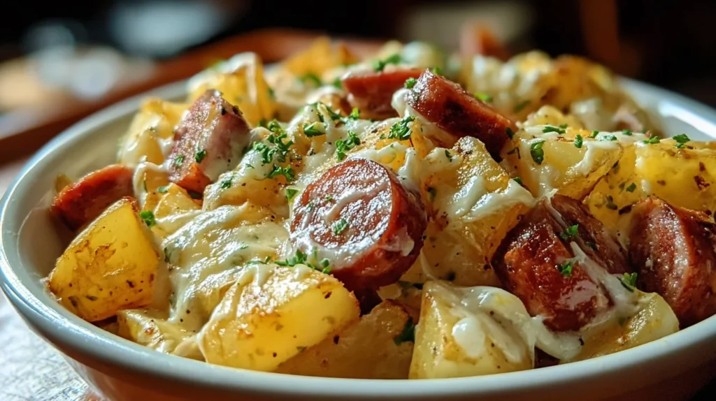 Cheesy ranch potatoes with smoked sausage on a plate, ready to serve