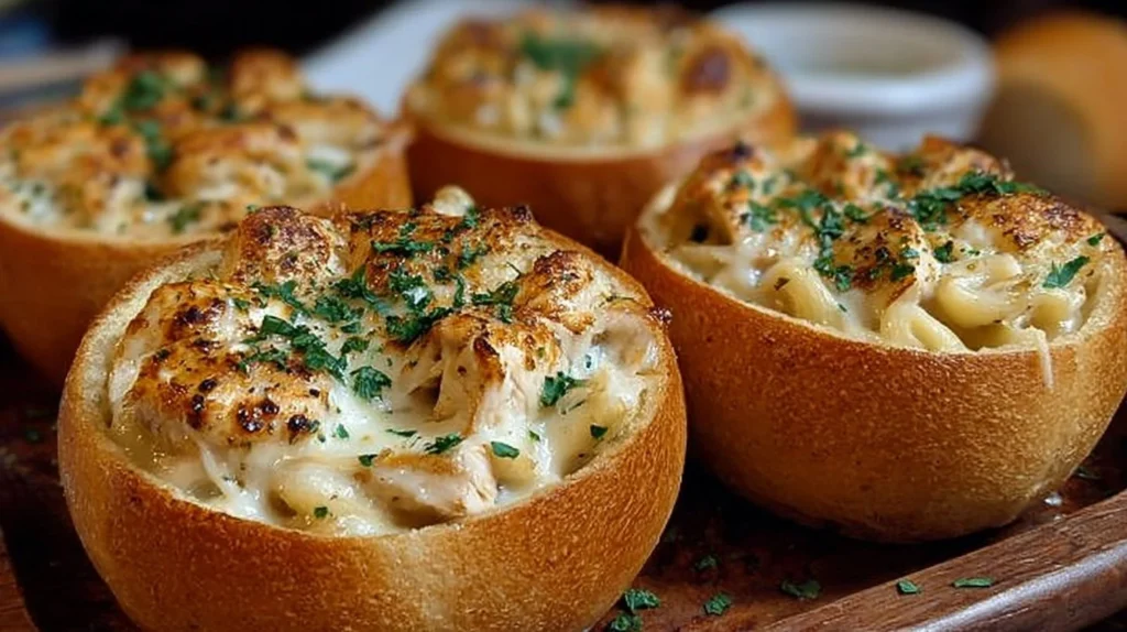 Chicken Alfredo served in crispy garlic bread bowls for a delicious twist