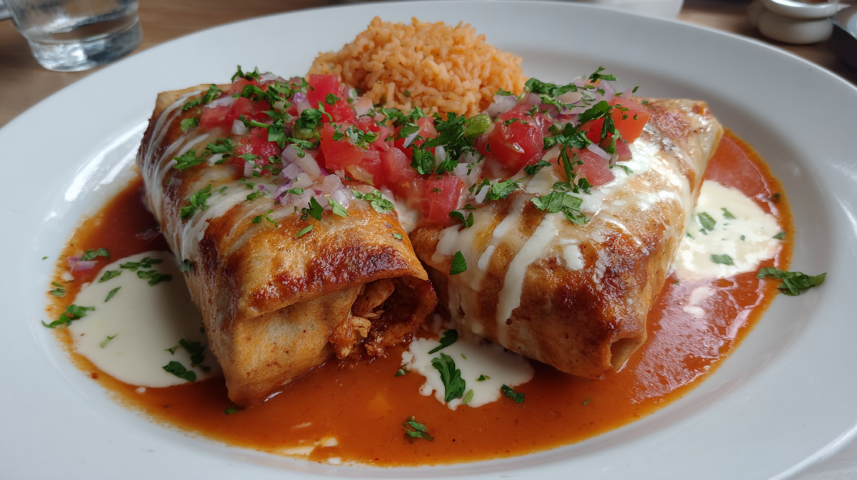 Golden crispy chicken chimichangas topped with pico de gallo and sour cream drizzle, served with Mexican rice on white plate