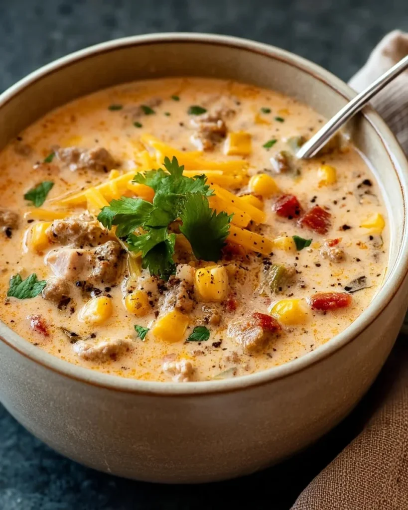 Bowl of creamy cowboy soup filled with vegetables and beans
