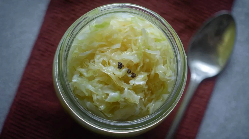 Bowl of easy fermented cabbage (sauerkraut) with fresh ingredients and spices.