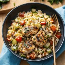 Delicious Mediterranean Chicken Orzo served in a bowl with herbs and vegetables