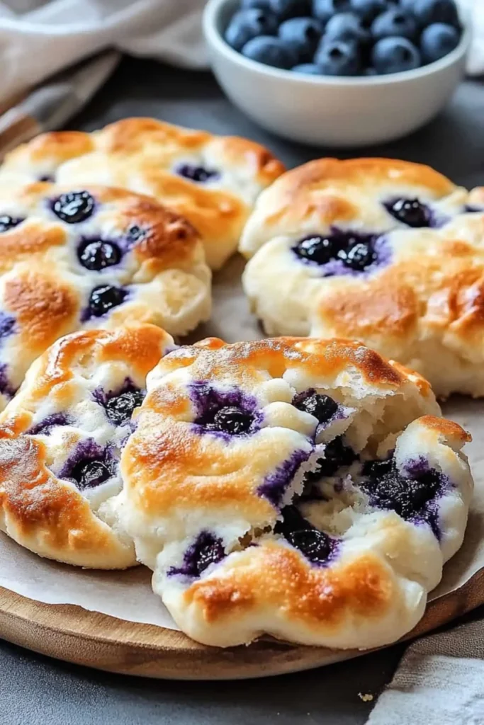 Fluffy cottage cheese blueberry cloud bread served on a plate.