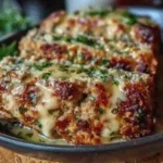 Garlic Parmesan Chicken Meatloaf served on a plate with fresh herbs