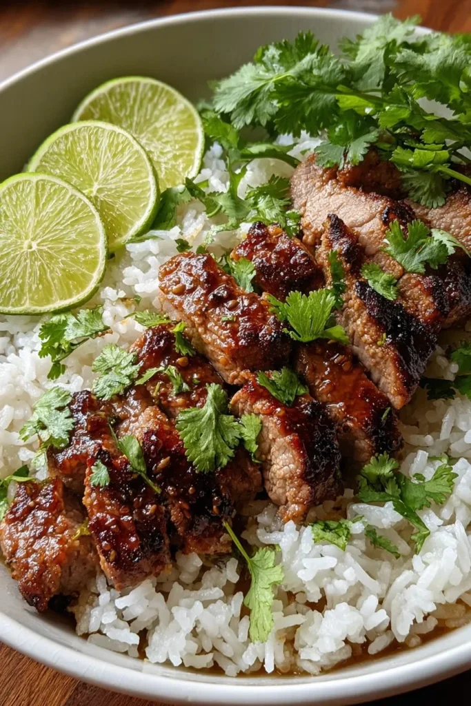 Ginger Lime Pork served with Coconut Rice on a plate