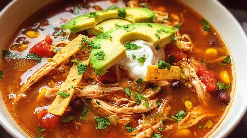 Bowl of healthy chicken tortilla soup garnished with avocado and cilantro