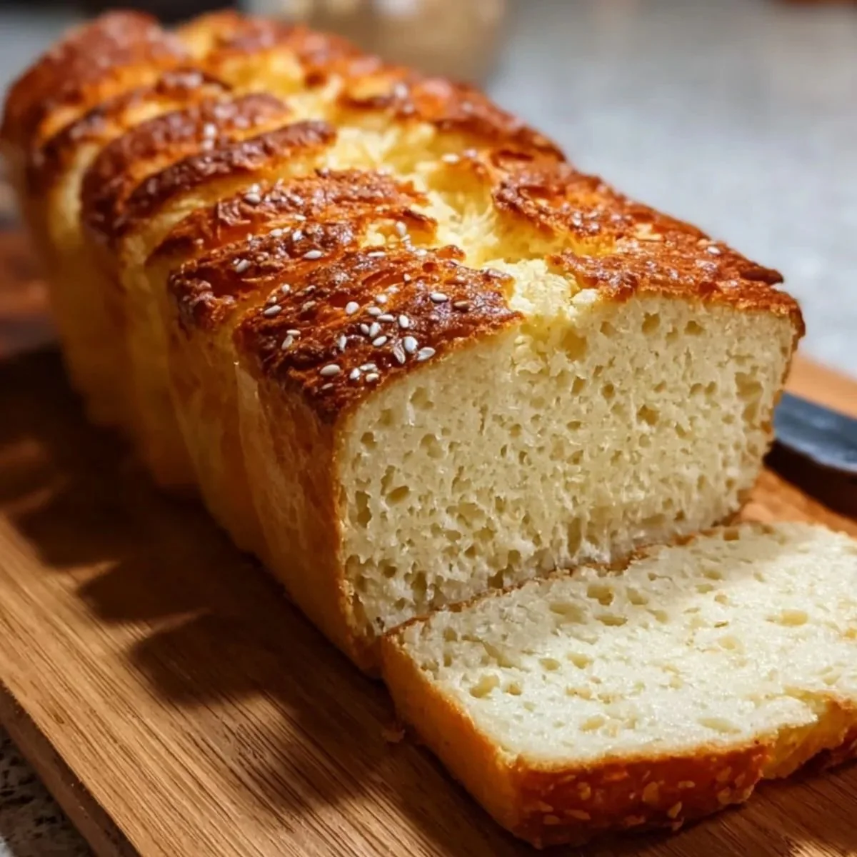 Slice of homemade zero carb bread on a wooden cutting board