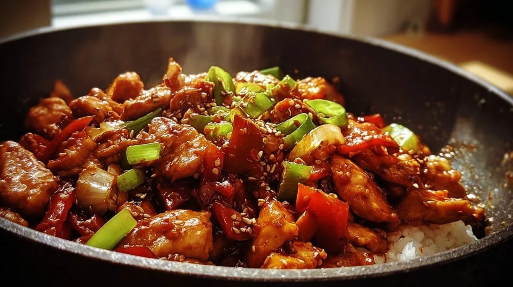 Korean spicy chicken stir fry with vibrant vegetables and flavorful sauce