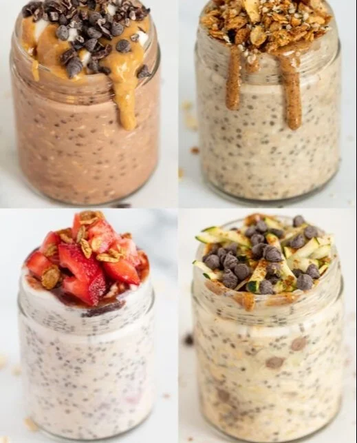 Bowl of colorful overnight oats topped with fruits and nuts.