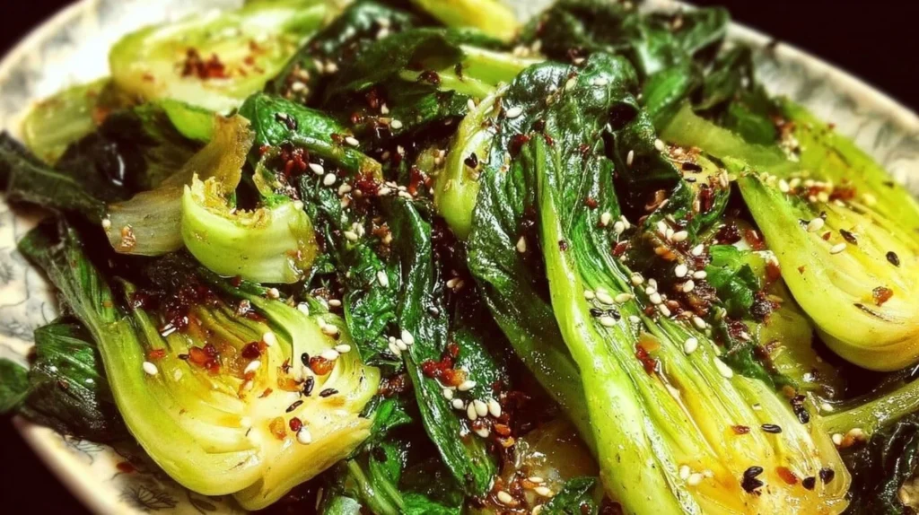 Sautéed bok choy cooked with garlic and olive oil in a skillet