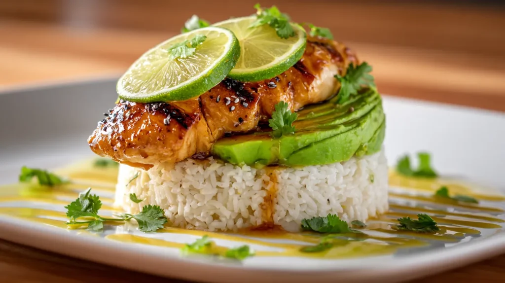 Golden honey lime glazed chicken breast served on stacked jasmine rice with fresh avocado slices, fresh cilantro garnish, lime wheel, and lime sauce on white plate