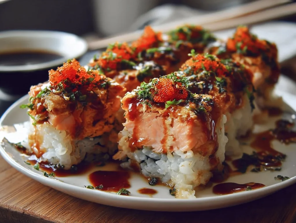 Delicious Spicy Salmon Sushi Bake ready to serve, topped with green onions.