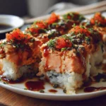 Delicious Spicy Salmon Sushi Bake ready to serve, topped with green onions.