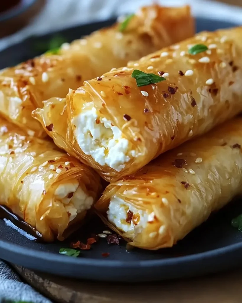 Oven-fried feta rolls with chili honey on a tasteful serving plate