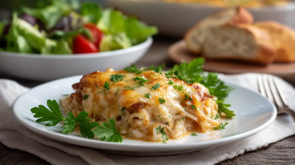 French Onion Chicken Rice Dinner with melted Gruyère cheese and caramelized onions