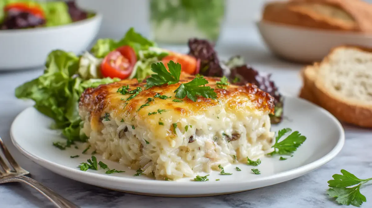 Plated French Onion Chicken Rice Dinner with side salad and bread