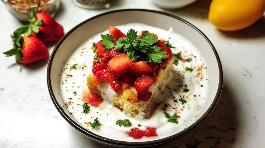 Delicious strawberry cheesecake dump cake with creamy layers and fresh strawberries