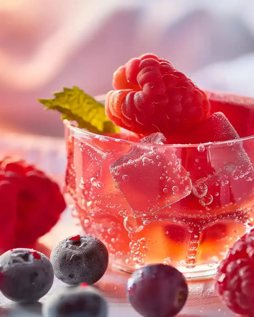 Collagen gelatin recipe served in a glass cup with fresh raspberries and blueberries