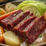 Plate of corned beef and cabbage with sliced tender beef, carrots, potatoes, and a wedge of cabbage in a light broth.