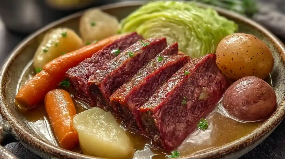 Plate of corned beef and cabbage with sliced tender beef, carrots, potatoes, and a wedge of cabbage in a light broth.