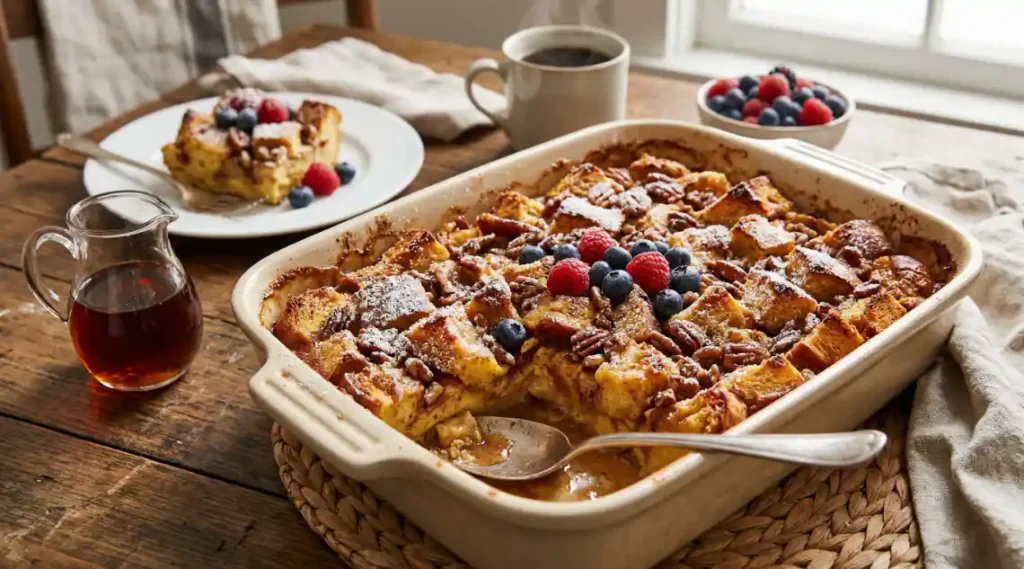 creme brulee french toast casserole with caramelized topping baked golden in dish