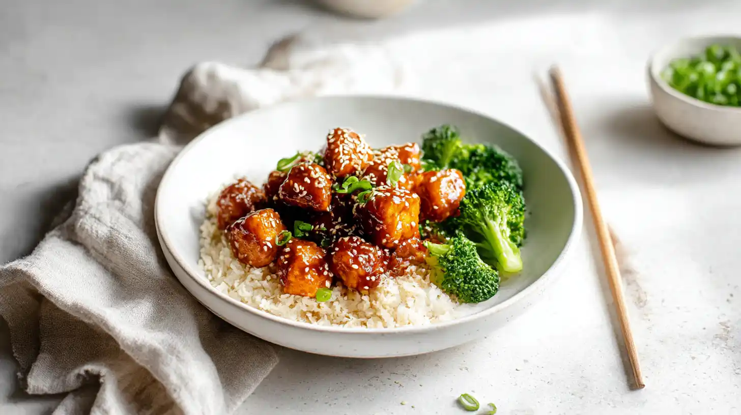 Crispy sesame tofu cubes glazed in a glossy sesame sauce served with rice and broccoli in a white ceramic bowl.
