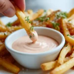 Famous Fry Sauce A hand dipping crispy golden fries into a bowl of creamy pink fry sauce