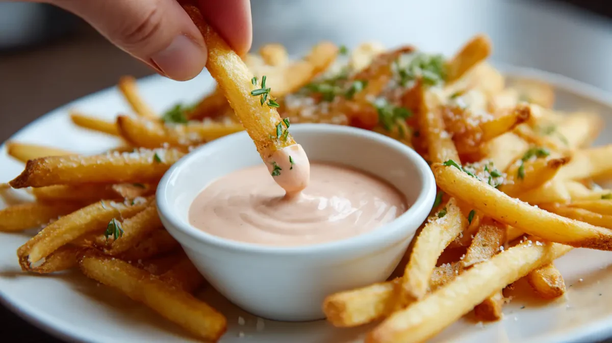 Famous Fry Sauce A hand dipping crispy golden fries into a bowl of creamy pink fry sauce