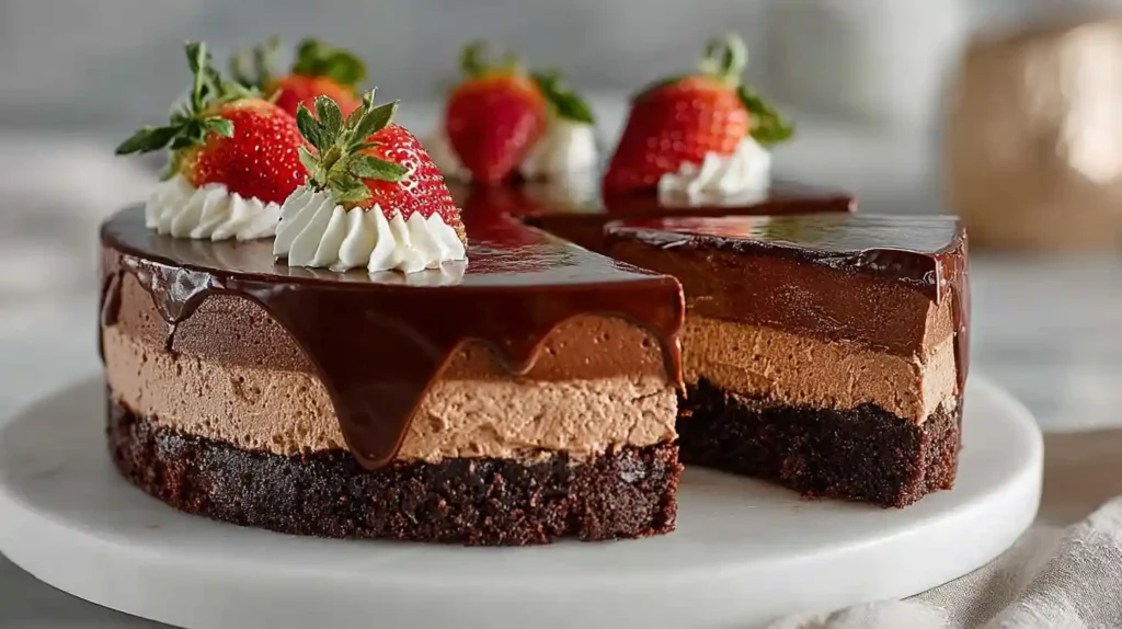 Close-up slice of a professional triple chocolate mousse cake with dark, milk, and white chocolate layers, topped with a fresh strawberry.