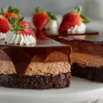Close-up slice of a professional triple chocolate mousse cake with dark, milk, and white chocolate layers, topped with a fresh strawberry.