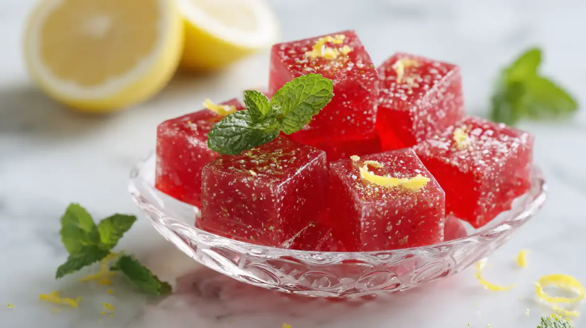 Red high-protein gelatin cubes in a glass bowl on a light surface, ideal as a sugar-free bariatric dessert.