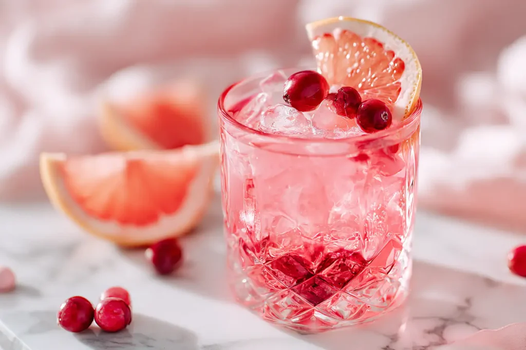 Pink gelatin trick recipe in a crystal tumbler garnished with three cranberries on a cocktail pick and pink grapefruit slice, set on a white marble counter