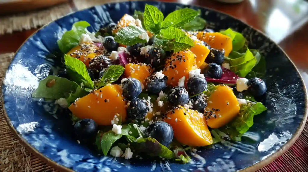 Mango blueberry salad with mixed greens, crumbled feta, chia seeds, and fresh mint leaves served on a rustic blue ceramic plate