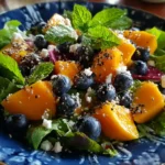 Mango blueberry salad with mixed greens, crumbled feta, chia seeds, and fresh mint leaves served on a rustic blue ceramic plate