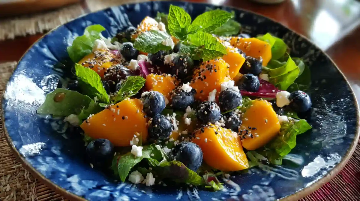 Mango blueberry salad with mixed greens, crumbled feta, chia seeds, and fresh mint leaves served on a rustic blue ceramic plate