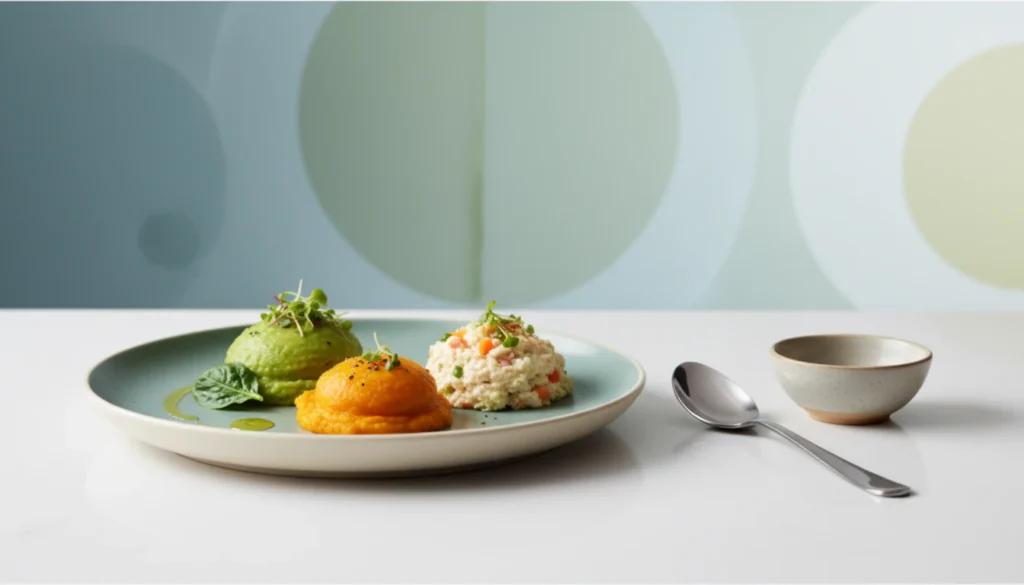Bariatric recipes soft food three smooth vegetable purées on a sage green plate: green pea purée with microgreens, sweet potato purée, and a creamy vegetable rice salad, perfect for post-bariatric soft food diet.