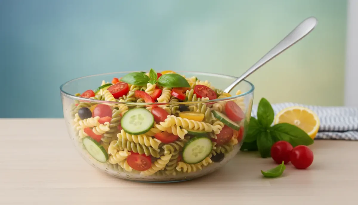 An eye-level shot of a vibrant, easy cold pasta salad served in a large clear glass bowl. This simple and colorful dish features tri-color rotini pasta (yellow, green, and red) tossed with crisp cucumber slices, halved cherry tomatoes, and savory black olives.