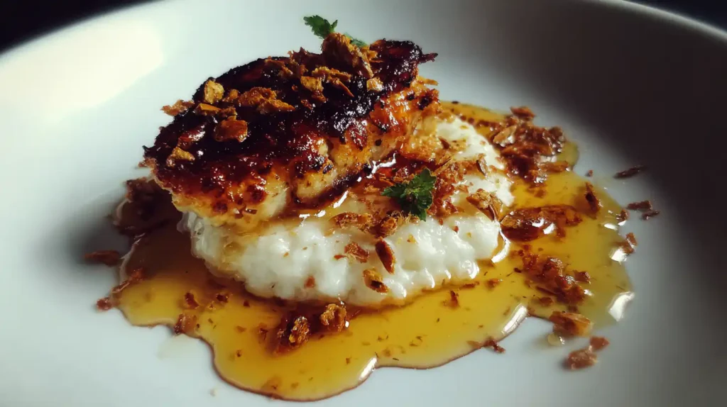 Baked goat cheese with honey and toasted almonds served on a white plate