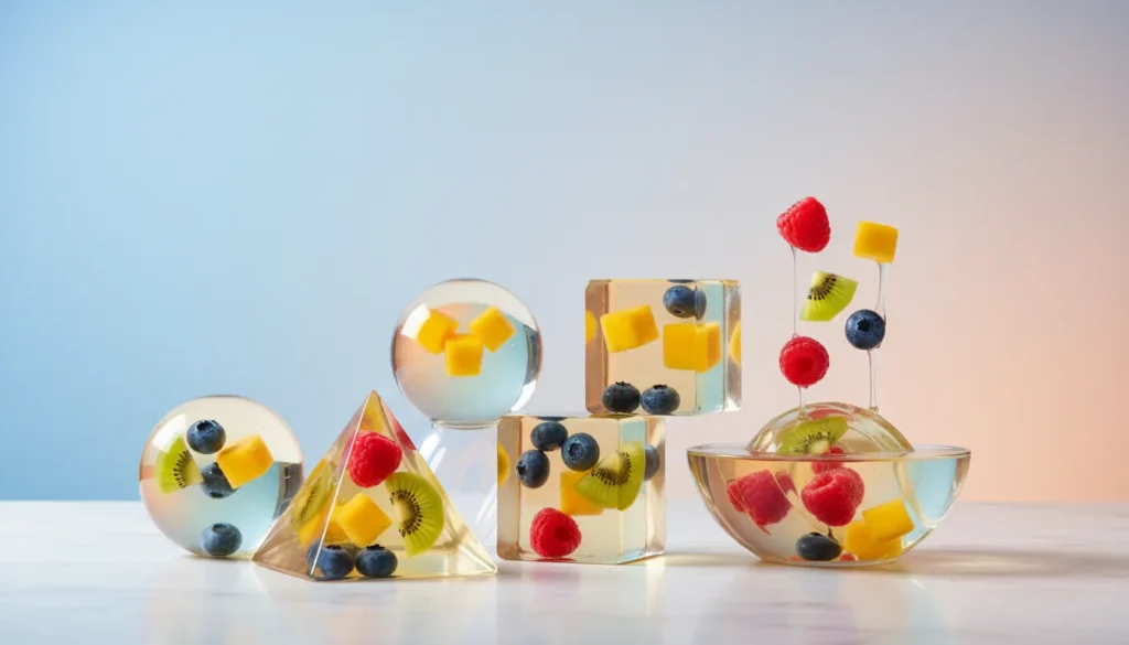 Fruit gelatin art shaped into geometric forms — spheres, cubes, pyramid, and bowl — filled with blueberries, raspberries, kiwi, and mango on a white surface