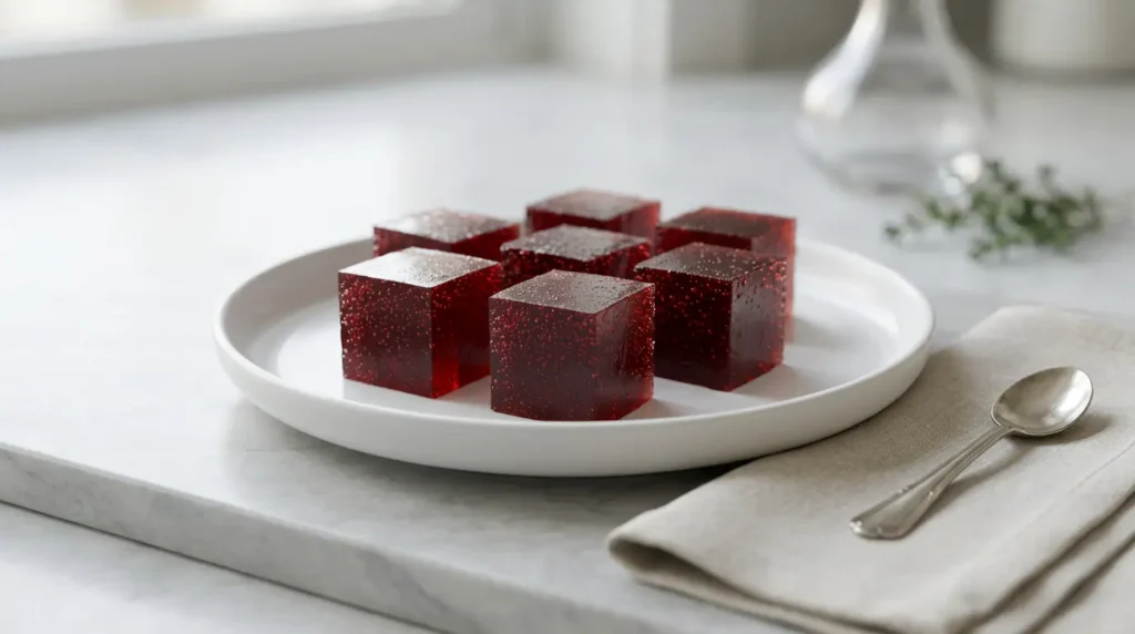 High-protein sugar-free bariatric gelatin recipe served in a white ceramic ramekin on a marble surface