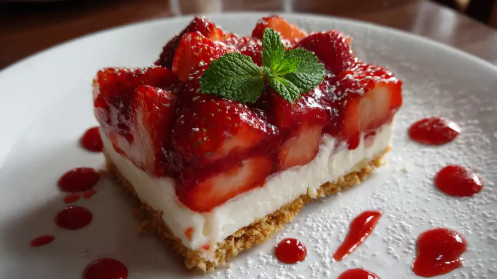 Strawberry dessert recipe with fresh strawberries, creamy filling, crumb crust, mint, and strawberry sauce