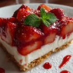 Strawberry dessert recipe with fresh strawberries, creamy filling, crumb crust, mint, and strawberry sauce